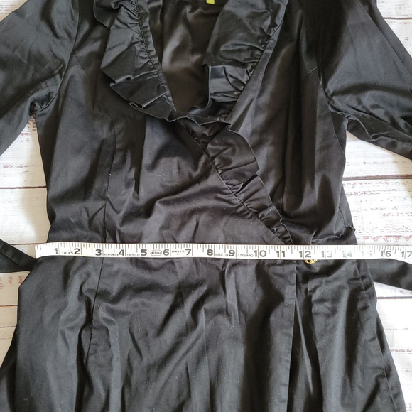 Elizabeth Mckay Scotland Wrap Dress Black Belted Ruffle Neckline Knee Length 6 - Picture 7 of 7